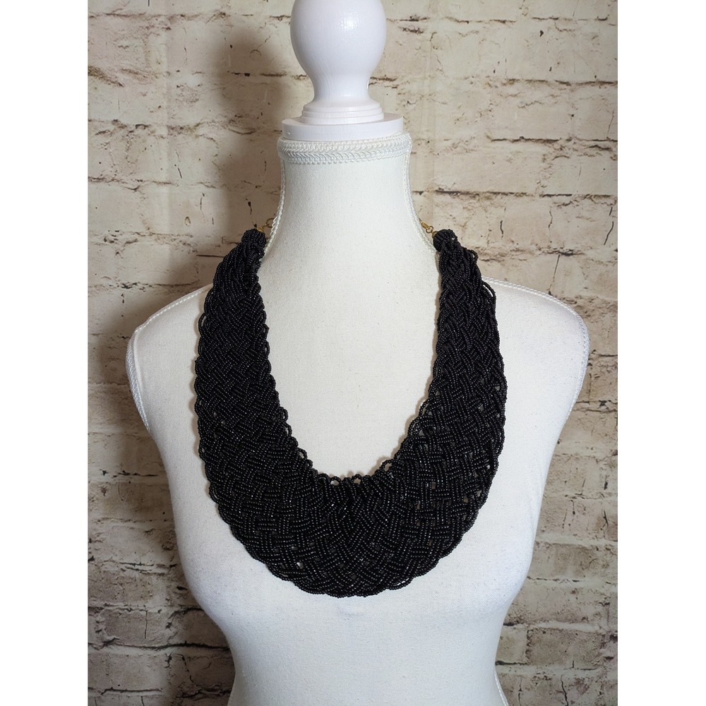 Sassy Jones Seed Bead Bib Necklace In Black Oversized Statement Chunky 22"